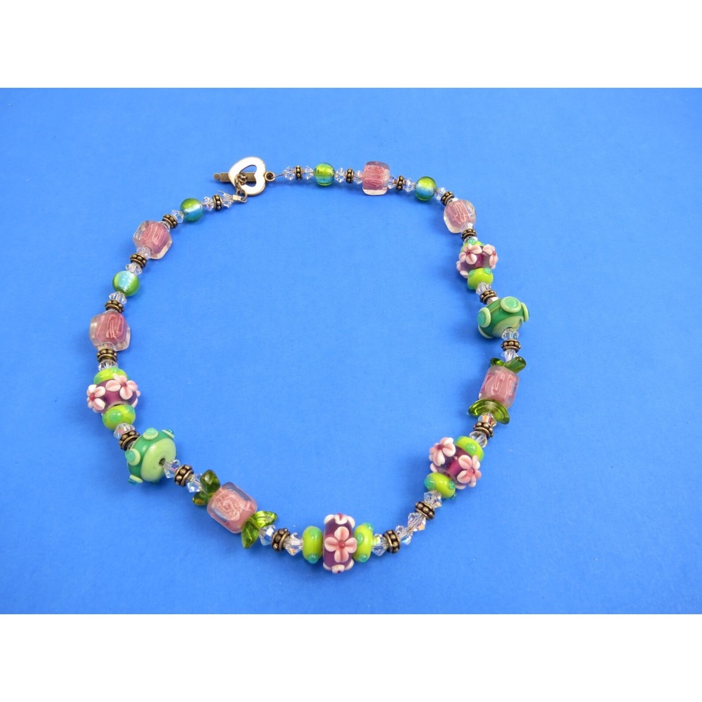 Flower Power Glass Bauble Beaded Necklace Heart Toggle Clasp Pink Green